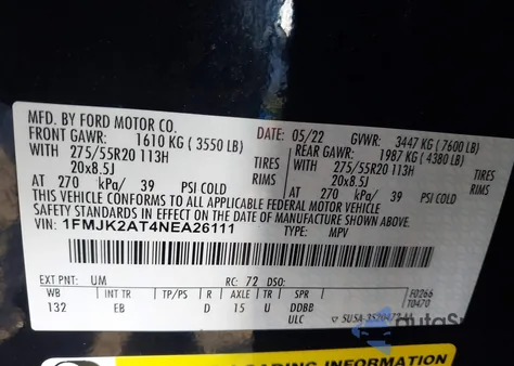 2022 Ford Expedition Limited Max из США, поврежденный, VIN 1FMJK2AT4NEA26111